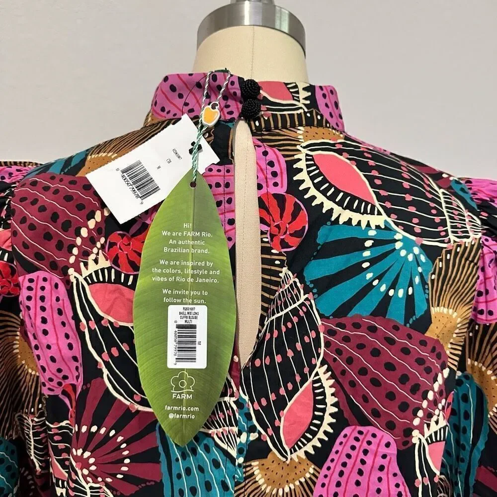 NWT Farm Rio Mock Neck Shell Print Blouse Sz M Boho Coastal Beachy Tribal Batik